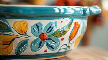 A casserole dish with a handpainted design perfect for baking and serving your favorite dishes. photo