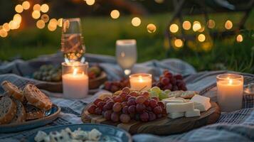 The soft glow of the candles highlights the delicious spread of food on the picnic blanket tempting the couples tastebuds. 2d flat cartoon photo