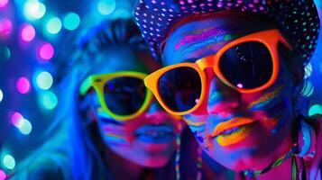 A photo booth with a blacklight backdrop perfect for capturing the glowing party outfits