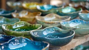 A set of ceramic bowls created from old glass bottles and shaped into a bowl form then fired in a kiln. photo