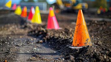 Brightly colored safety flags are planted around the site to mark any potential underground utilities in the area preventing accidents and damage photo