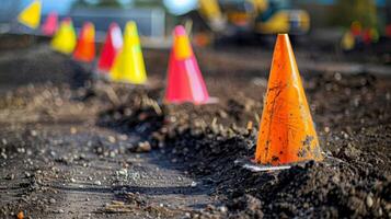 brillantemente de colores la seguridad banderas son plantado alrededor el sitio a marca ninguna potencial subterráneo utilidades en el zona prevenir accidentes y dañar foto