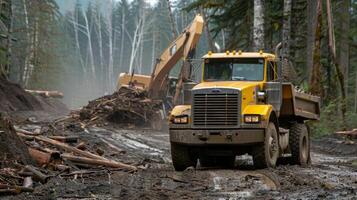 A construction truck hauls away a load of debris creating a clearer workspace for the machinery photo