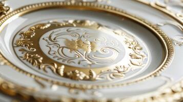 A monogrammed ceramic plate layered with gold and silver accents achieved through the gilding technique. photo