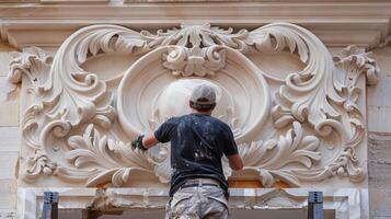 With extreme attention to detail craftsmen are carefully repairing and repainting the fragile rosettes and decorative motifs of a historic facade photo