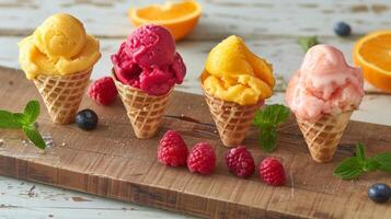 A wooden board with mini cones each topped with a different flavor of sorbet mango raspberry and orange photo