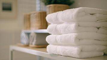 Soft fluffy white towels are neatly folded and stacked on a nearby shelf photo