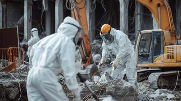 A crew in full protective gear carefully removing asbestos and other hazardous materials from a demolition site ensuring a safe and clean work environment photo