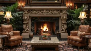 A cozy and intimate sitting area is made even cozier with the addition of a unique handcarved fireplace mantel adding a touch of artis charm to the space photo