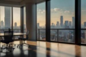 Blurred background of an office space with an office table, chairs and panoramic windows overlooking the city and skyscrapers. Natural daylight photo