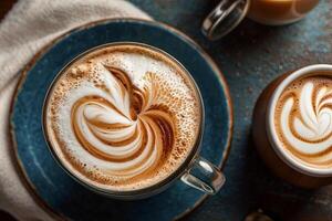 Close-up of a cup with hot coffee with milk foam and cinnamon. Top view. photo