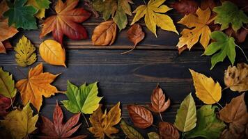 Autumn leaves on wooden fall background. Fallen leaves in warm colors, red, orange, yellow. Minimal seasonal design with copy space. photo