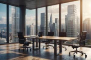 Blurred background of an office space with an office table, chairs and panoramic windows overlooking the city and skyscrapers. Natural daylight photo