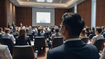 posterior ver de personas hombres y mujer son a negocio evento a el conferencia salón. en un borroso antecedentes el uno altavoz dando un hablar. foto