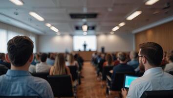 Rear view of people are at business event at the conference hall. On a blurred background the speaker giving a talk. photo