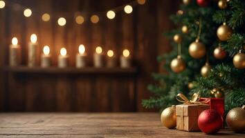 Festive blurred background with empty wooden surface. Gift boxes, Christmas tree, lit candles. Winter celebration concept. Space for text. For poster, greeting card, advertising photo
