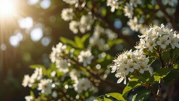 Close up of a blooming branch with white flowers with warm natural spring sun lighting on the blurred nature background photo