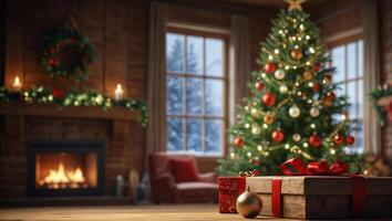 Festive cozy blurred background. Gift boxes, fireplace, Christmas tree. Winter celebration concept. Space for text. For poster, greeting card, advertising photo