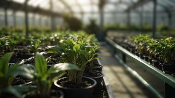 Young plants, sprouts in pots growing in a greenhouse. Blurred nature background. Crop cultivation concept photo