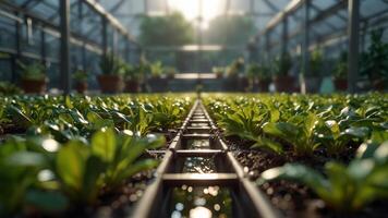 Young plants, sprouts growing in a greenhouse. Blurred nature background. Crop cultivation concept photo