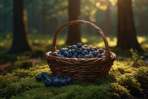 A basket filled to the top with ripe and juicy blueberries stands on moss. A blueberry clearing in the forest, flooded with sunlight breaking through the trees in the blurred nature background. photo