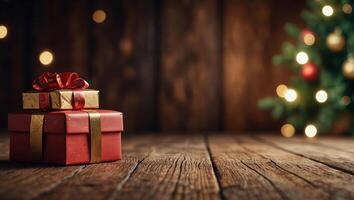 Festive blurred background, empty wooden surface. Gift boxes with bow and ribbon, sparkling Christmas tree. Winter celebration concept. Space for text. For poster, greeting card, advertising photo