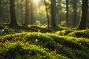 Close up of vibrant green moss in the forest, illuminated by the soft, golden rays of the morning sun filtering through the towering trees on the blurred nature background. photo