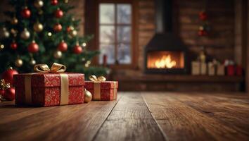 Festive blurred background with wooden surface. Gift box with golden bow, fireplace, Christmas tree. Winter celebration concept. Space for text. For poster, greeting card, advertising photo