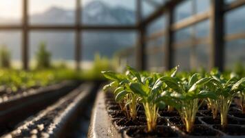 joven plantas, coles creciente en un invernadero. borroso naturaleza y montañas antecedentes. cosecha cultivo concepto foto