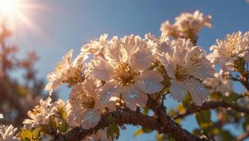 Close up of a blooming branch with white flowers with warm natural spring sun lighting on the background. Glittering effect photo