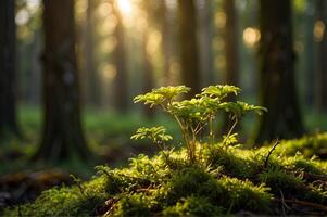Close up of vibrant green moss with a growing sprout in the forest, illuminated by the soft, golden rays of the morning sun filtering through the towering trees on the blurred nature background. photo