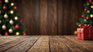 Festive blurred background with empty wooden surface. Sparkling Christmas tree, red gift box. Winter celebration concept. Space for text. For poster, greeting card, advertising photo