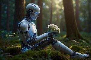 A humanoid robotic sits and gently holds in hands to flowers. Green forest clearing, surrounded by trees with golden sunlight. Ecology, technology, peace, cooperation concept photo