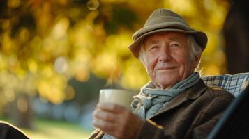 un sano Jubilación un jubilado disfruta un taza de herbario té mientras sentado en un parque banco apreciando el belleza de naturaleza y incorporando sano hábitos dentro su jubilados foto