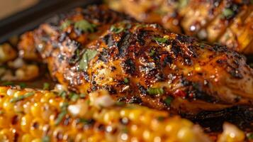 Succulent jerk chicken paired with Mexican street corn a fusion of Jamaican and Latin American influences photo