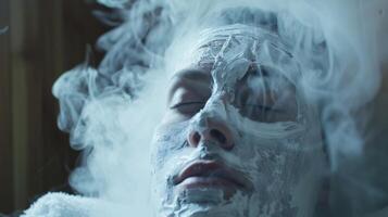 A person wearing a face mask in the sauna allowing the steam to trate deeply into their pores and purify their skin. photo