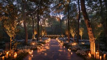 The candles cast playful shadows on the surrounding trees adding a touch of whimsy to the romantic atmosphere. 2d flat cartoon photo