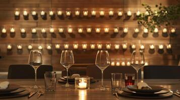 The candle wall serves as a dramatic backdrop to a sleek and modern dining room adding a touch of romance to the space. 2d flat cartoon photo