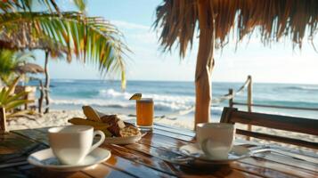 disfrutar un pacífico Mañana a nuestra playa choza desayuno tardío rodeado por el sonidos de estrellarse ola foto