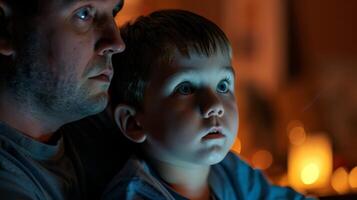 A young boy watches in wonder as his dad tells a spooky ghost story photo