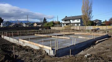 The masons precise skills are evident in the perfectly laid concrete foundation of a newly built home photo