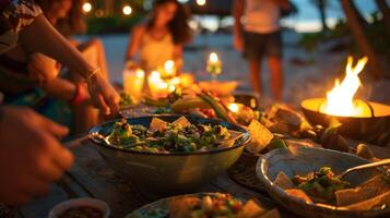 el playa se convierte iluminado por el suave resplandor de tiki antorchas como el grupo disfruta picaduras de cremoso aguacate y negro frijol salsa recogido arriba con calentar todo trigo tortilla papas fritas foto