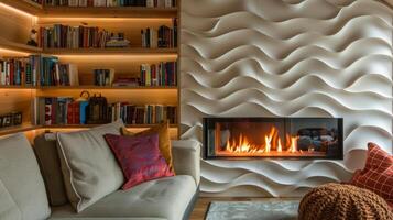 A unique fireplace built into the wall with a cozy reading nook alongside and shelves full of books above. 2d flat cartoon photo