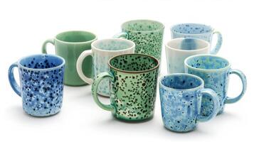 A set of ceramic mugs in various shades of blue and green mimicking the appearance of terrazzo flooring. photo