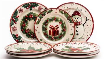 A set of ceramic dessert plates each with a different festive design such as a Christmas wreath a snowman and a jingle bell. photo