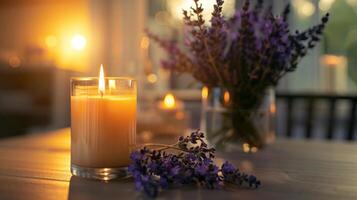 el suave y delicado aroma de un bergamota y lavanda perfumado vela envolvente el habitación en un tranquilo ambiente foto