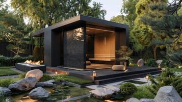 A zeninspired garden with a sleek black sauna blending seamlessly into the surroundings creating a serene and meditative space for relaxation. photo