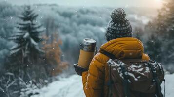 un invierno caminata con un termo en mano admirativo el Nevado paisaje y tomando rompe a bebida calentar miel limón té foto
