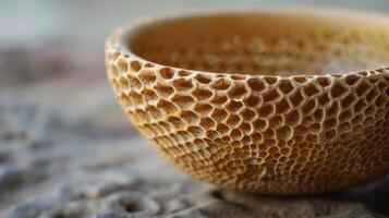 A bowl is adorned with tiny indented dots created by pressing a comblike tool into the clay to mimic a honeycomb texture. photo