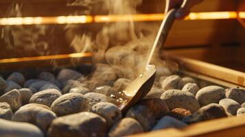 A depiction of someone using a sauna shovel to carefully add water to the sauna rocks and create steam always being cautious of the hot surfaces. photo